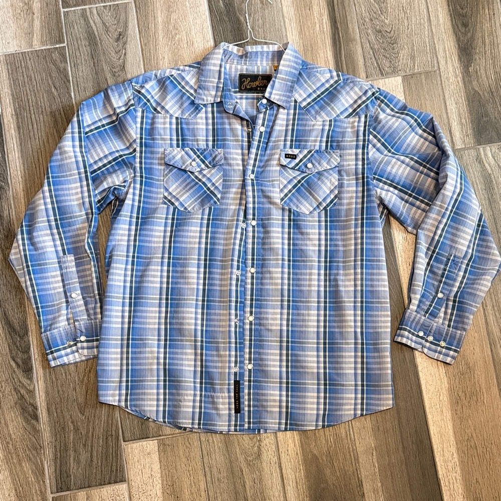 Howler Bros Men's Blue and White Plaid Button Down Pearl Snap - L